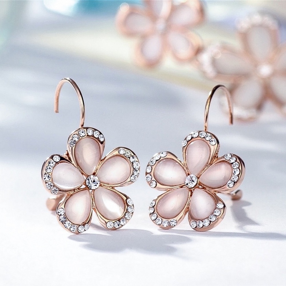2/$20! Pink Pearlescent Flower Lever Back Earrings - Picture 2 of 8